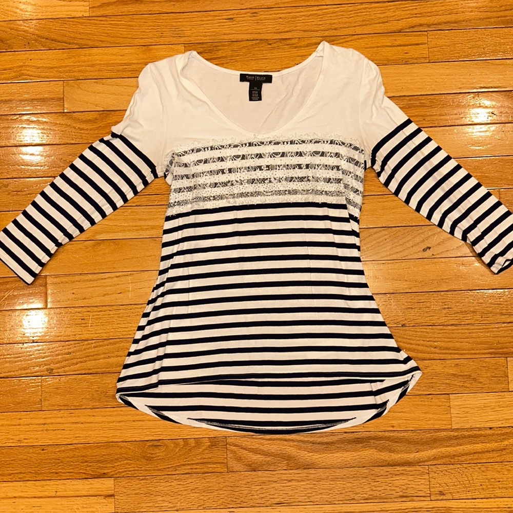 White House Black Market WHBM Stripe Lace Studded Shirt Top Navy White XS Womens